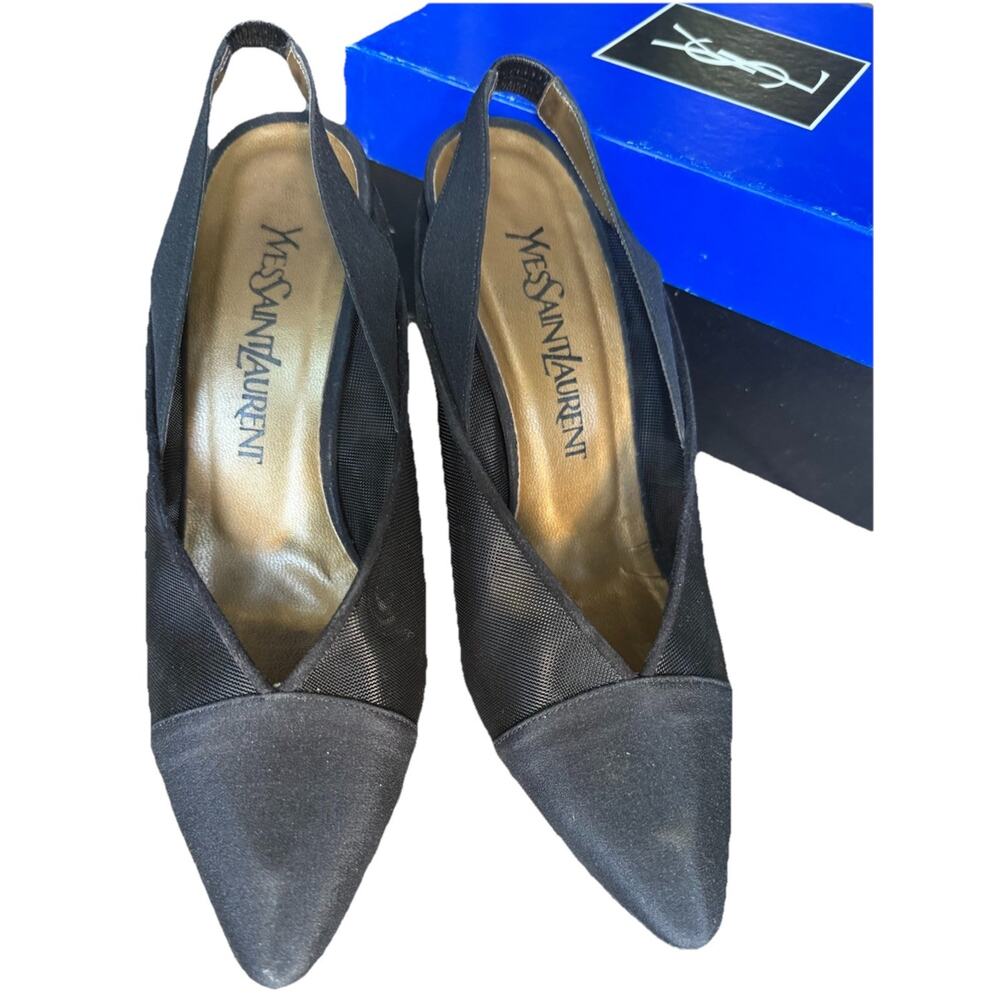 YSL Yves Saint Laurent Black Mesh Slingback Heels Made in Italy Designer Pumps 7 - Picture 3 of 13